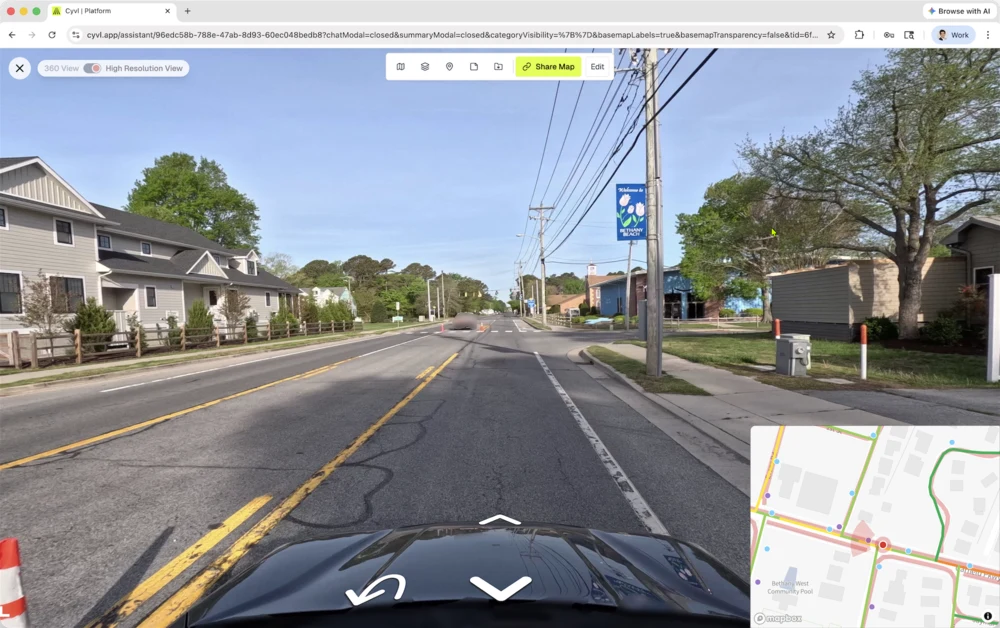 Cyvl's 360-degree street view showing the roadway and street assets with an inset map