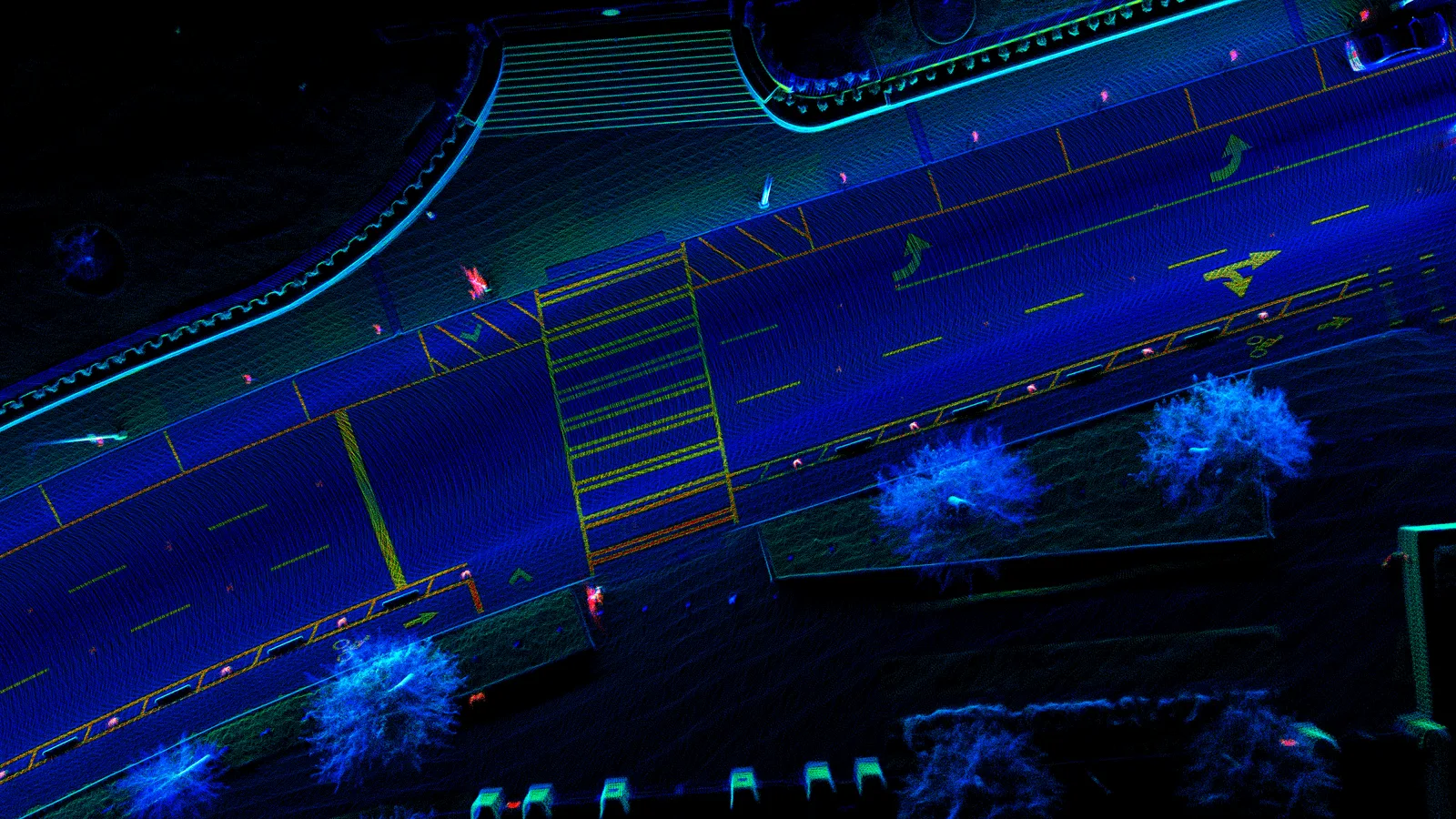 CYVL LiDAR point cloud capturing a street's pavement, curbs, and roadside assets